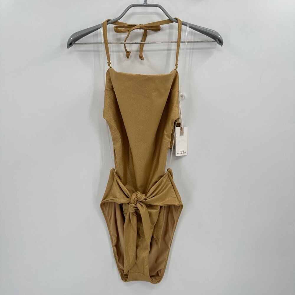 Good American Tie Front One-Piece Swimsuit in Gold size 3 L Large Square Neck